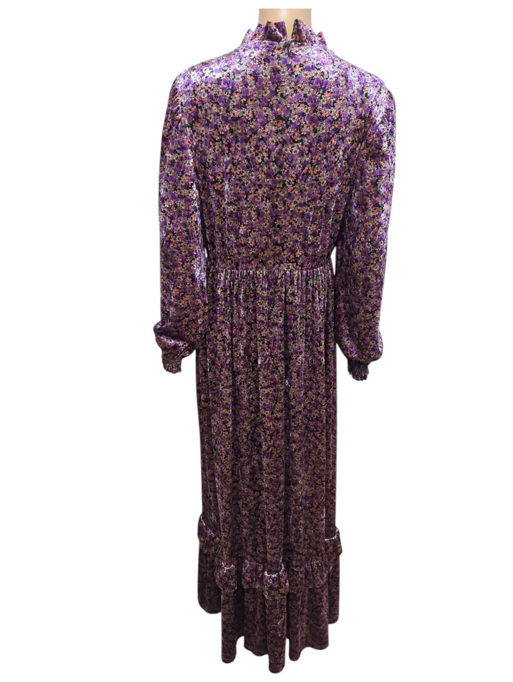 Vintage Purple Velvet Floral Maxi Dress Ruffle Mock Neck Ren Fair Whimsigoth M - Picture 3 of 9